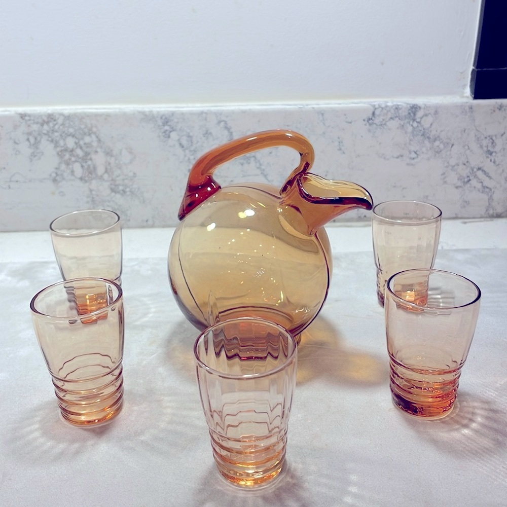 Vintage Art Deco Tilt Ball Style Pitcher and Shot Glasses Cordials 6 Piece Set